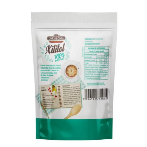 Verso embalagem Xilitol DaColônia 200g - tabela nutricional, modo de preparo e ingredientes