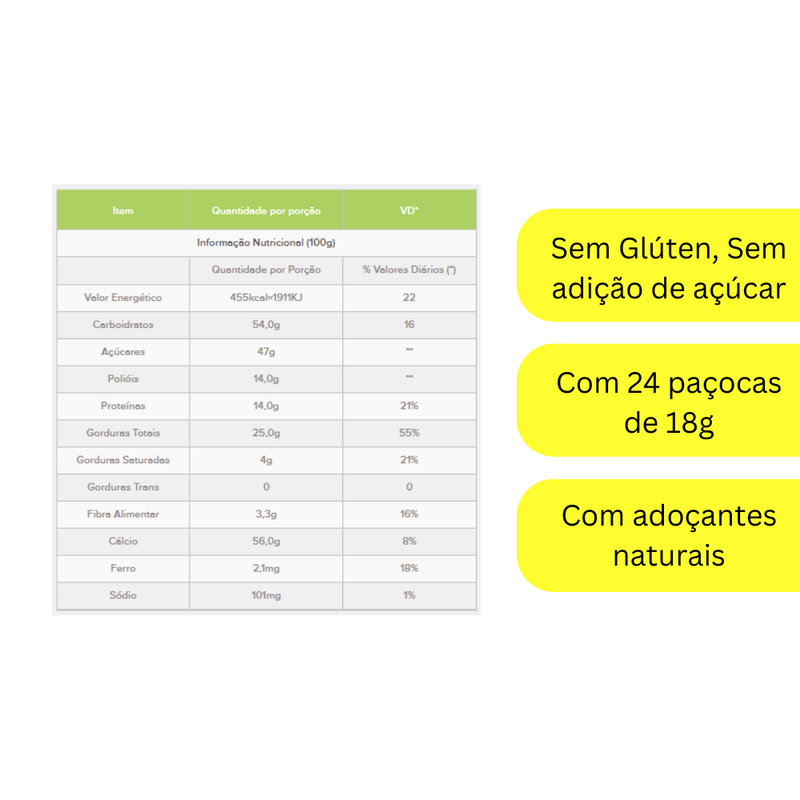 Paçoca Rolha Zero Açúcar Display com 24un de 18g - 432g