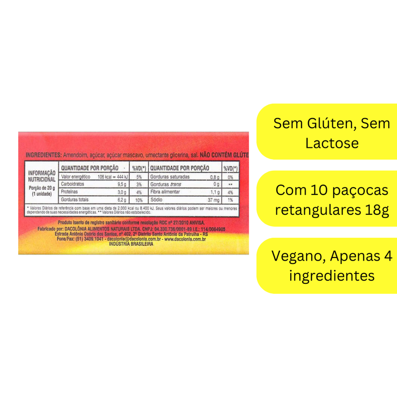 Pacoca Retangular C/mascavo DaColônia 180g
