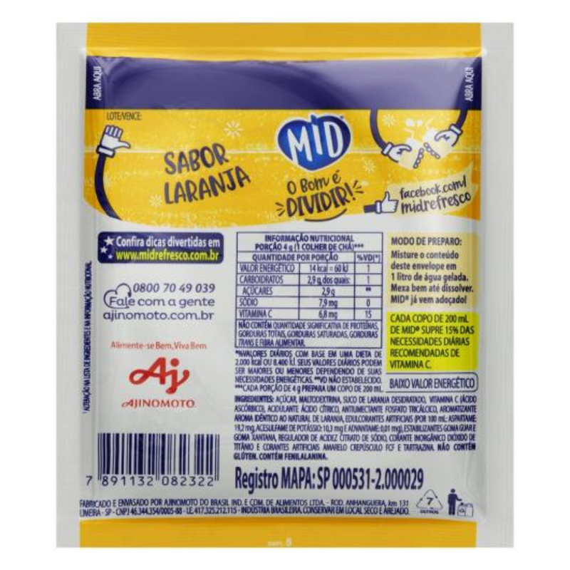 Refresco em Pó Mid Envelope com 20g - Laranja - 3UN