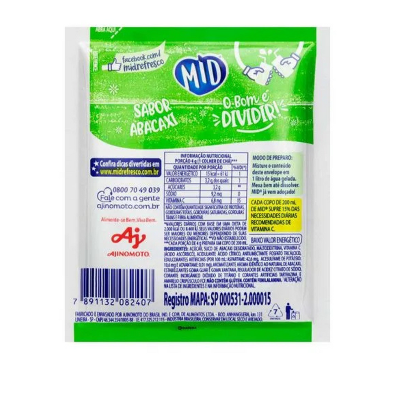 Refresco em Pó Mid Envelope com 20g - Abacaxi - 3UN