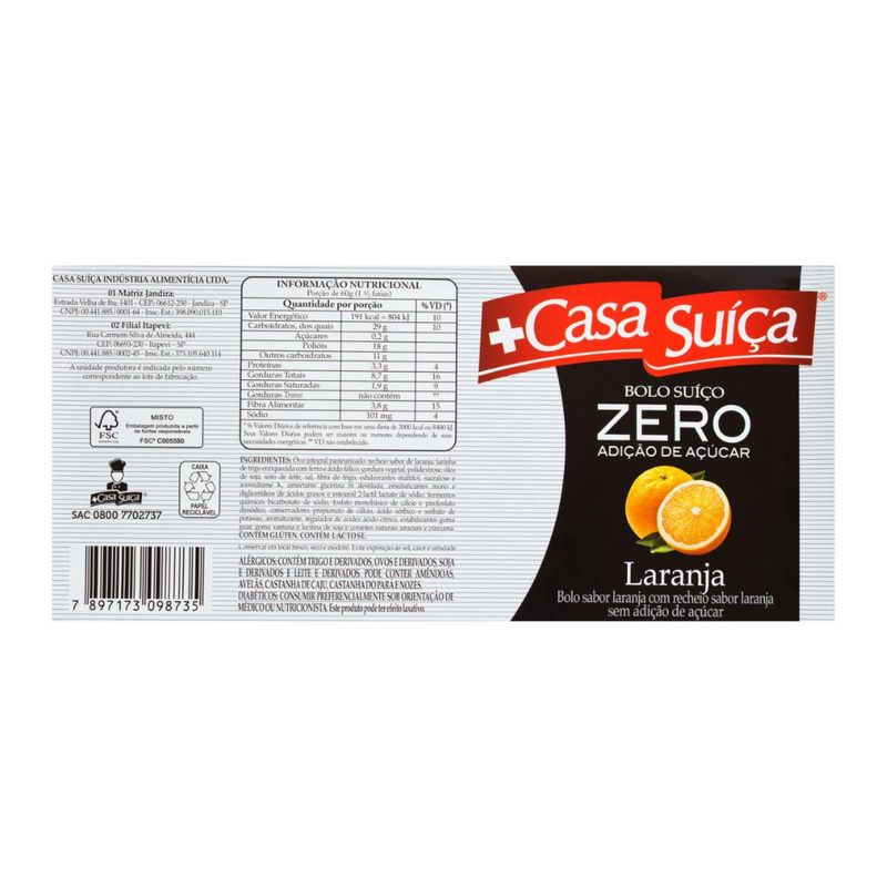 Bolo de laranja zero açúcar Casa Suíça 280g
