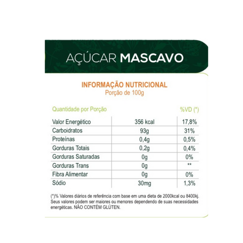 Tabela nutricional Açúcar Mascavo DaColônia - informações por porção de 100g