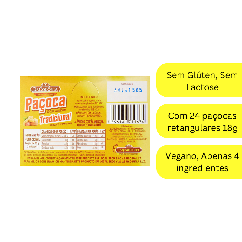 Pacoca Retangular Tradicional Display DaColônia (24un De 18gr)