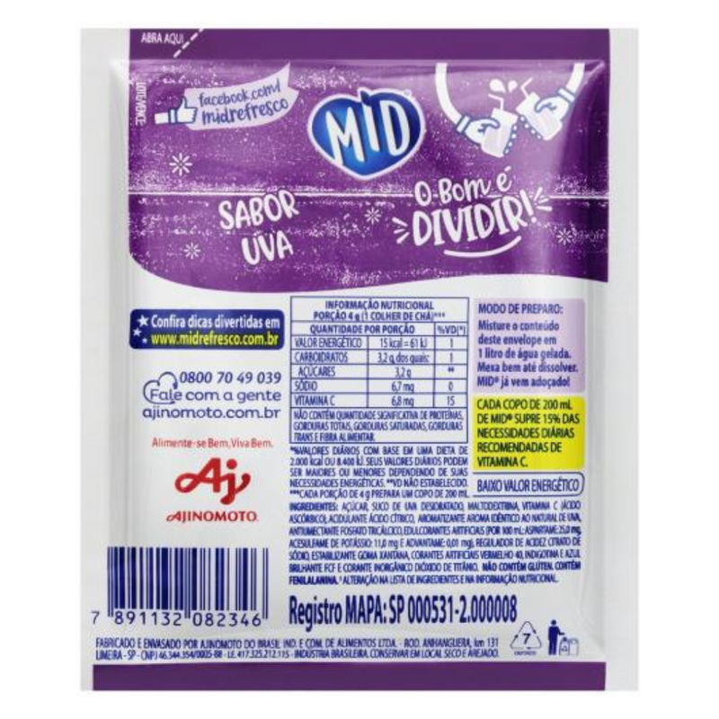 Refresco em Pó Mid Envelope com 20g - Uva - 3UN