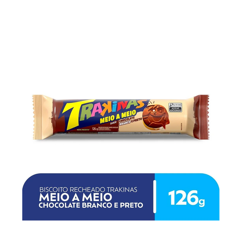 Biscoito Recheado Trakinas Meio a Meio chocolate ao leite e branco 126g