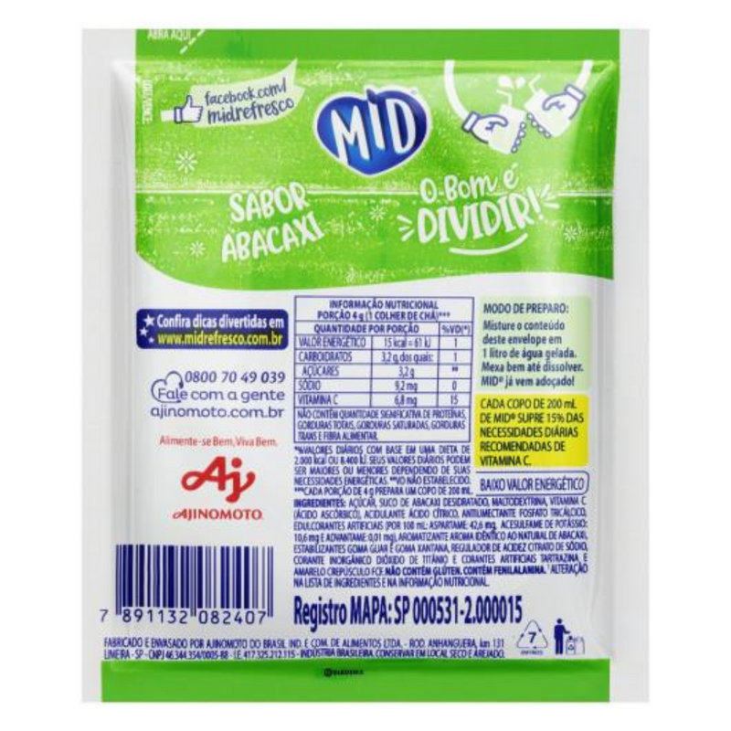 Refresco em Pó Mid Envelope com 20g - Abacaxi - 3UN