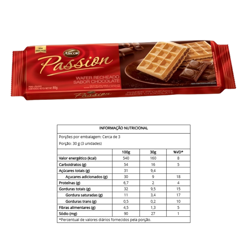 BISCOITO WAFER PASSION ARCOR CHOCOLATE 80GR
