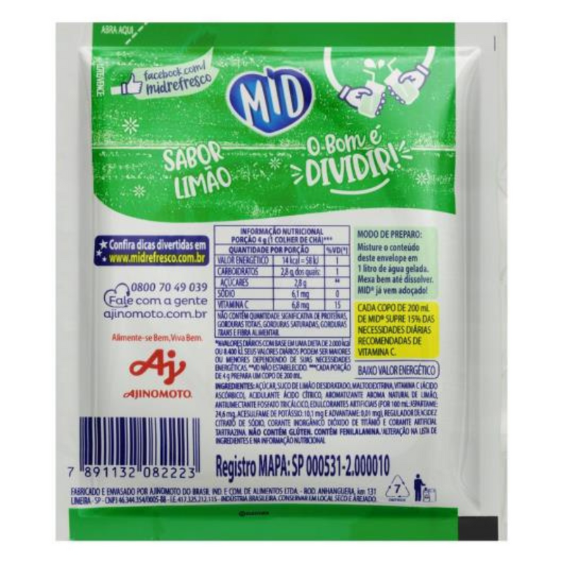 Refresco em Pó Mid Envelope com 20g - Limão - 3UN