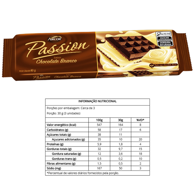 BISCOITO WAFER PASSION ARCOR CHOCOLATE BRANCO 80GR - 3UN