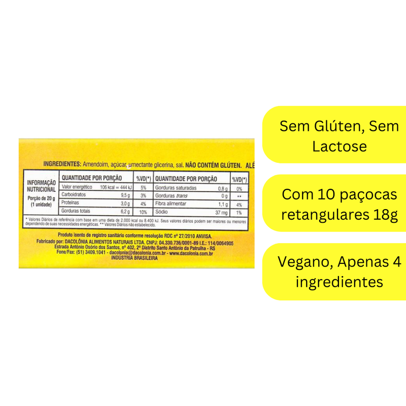 Pacoca Retangular Tradicional DaColônia 180g